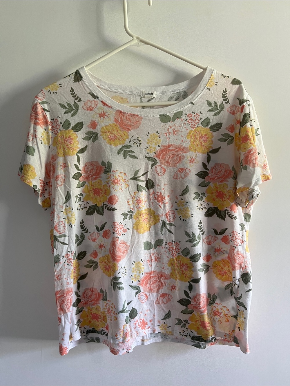 Garage White Floral Short Sleeve Tee with Pink & Yellow Blooms
